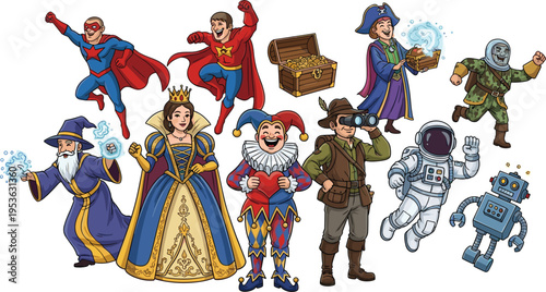 Collection of fantasy and fictional characters including superhero wizard queen and astronaut