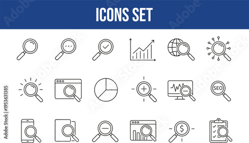Search analysis SEO optimization data website performance and research icons