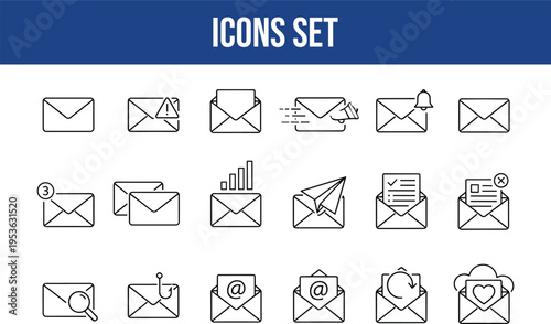 Set of communication and messaging icons featuring envelopes, alerts, and notification bells