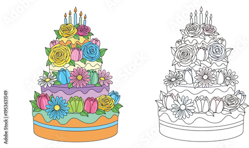 Three-Tiered Floral Birthday Cake with Candles for Kids Coloring Page and Vector Illustration, Decorated with Colorful Roses, Tulips and Daisies Isolated on White Background