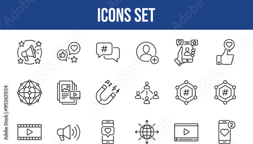 Social media icons set with marketing engagement likes shares and user profiles