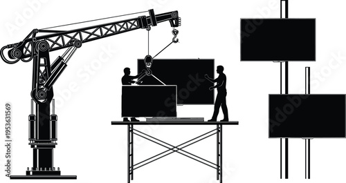 Industrial robotic arm installing panels silhouette, factory automation concept, workers assembling screens, manufacturing process, modern industry technology, black vector illustration design