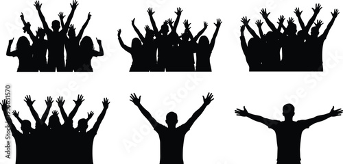 Crowd cheering silhouette set, people raising hands in celebration, party and concert audience concept, excitement emotion, black vector illustration design