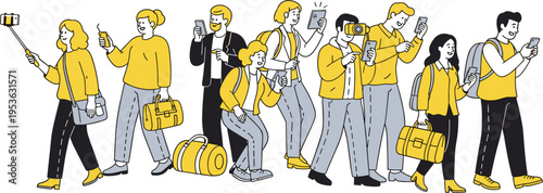 Group of diverse people traveling and using smartphones for social media