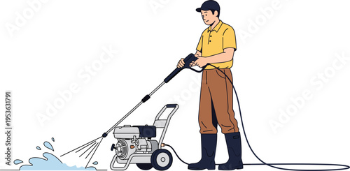 Professional worker using high pressure washer machine for cleaning service