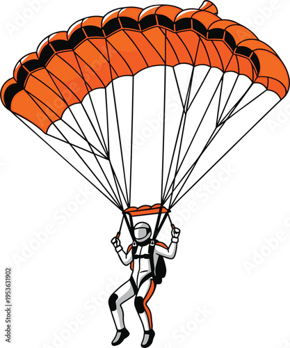 Skydiver or paraglider descending with an orange parachute in the sky