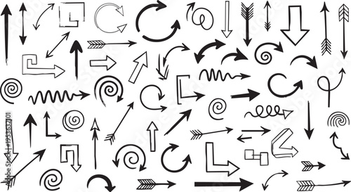 Hand-Drawn Spiral Arrow Vector Set: Sketchy Doodle Pointers and Swirls