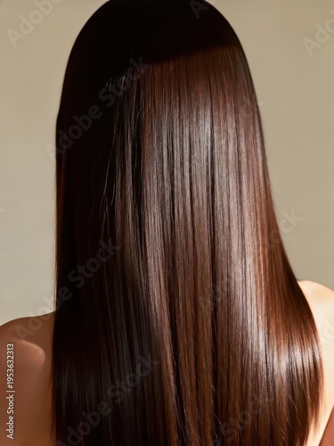 The model’s back view showcases smooth and shiny dark brown long straight hair, presenting a healthy and textured hair effect, making it a material image suitable for hair, hair quality and hairdressi
