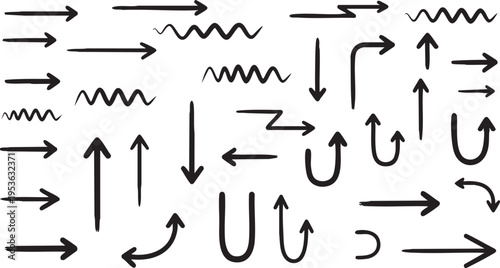Hand-Drawn Black Marker Arrow Set: Sketchy Doodle Pointers and Wavy Lines