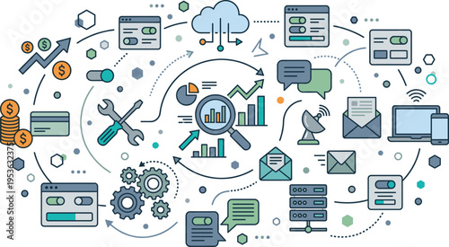 Business Data Analytics and Digital Marketing Strategy Concept Vector with Cloud Computing, Financial Growth Icons, Information Technology Management, and Workflow Automation Elements