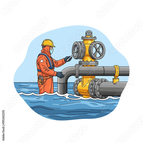 Offshore worker in protective gear inspects and repairs pipeline valves amidst the ocean