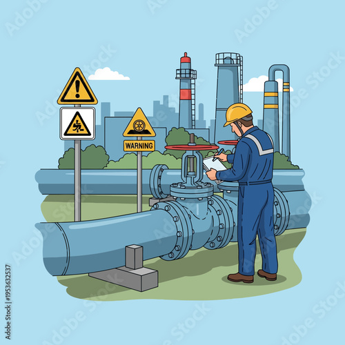 Engineer inspecting pipeline valves and warning signs at an industrial plant facility