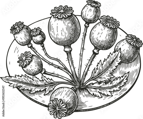 Poppy seed pods cluster with detailed leaves botanical illustration vintage engraving