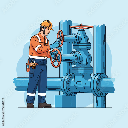 Industrial maintenance worker operating large pipeline valves in a blue and orange uniform