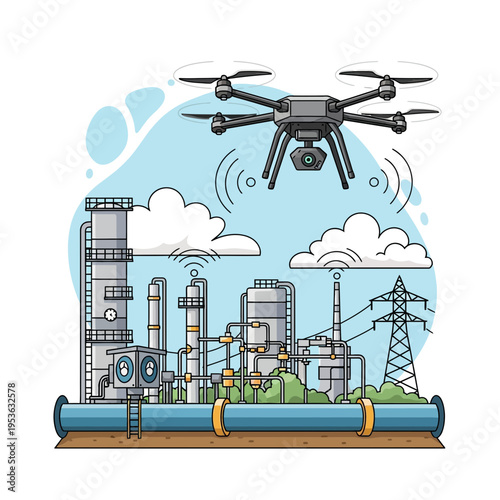 Drone conducting aerial inspection over industrial complex with pipelines and factory structures