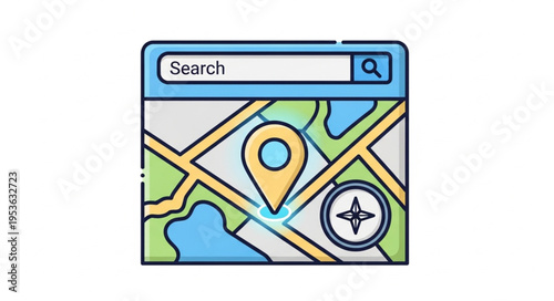 Digital Map Interface with Search Bar and Location Pin Icon.