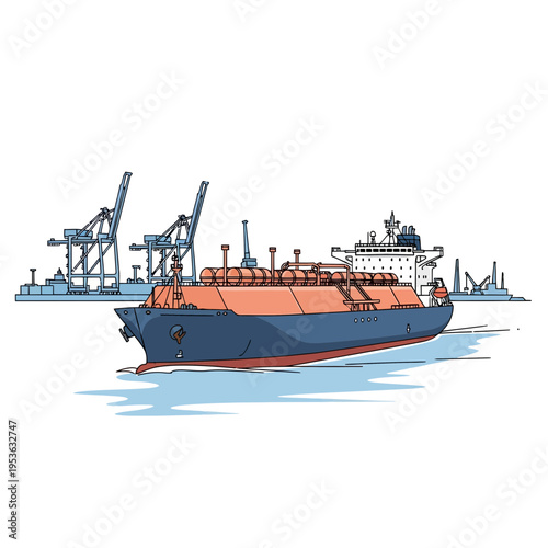 LNG Tanker Ship Sailing Through Blue Waters Near Industrial Port Cranes