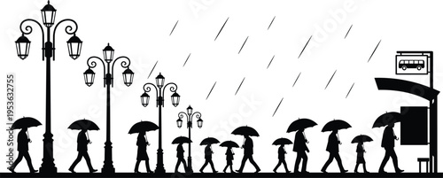 People walking with umbrellas in rain silhouette, city street scene with bus stop and lamps, urban rainy weather illustration, black vector design