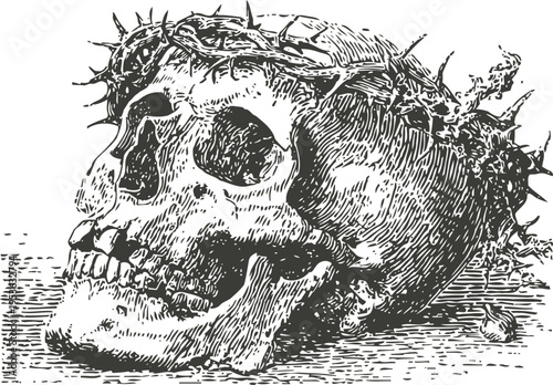 Detailed black and white skull with crown of thorns engraving illustration with dramatic shading