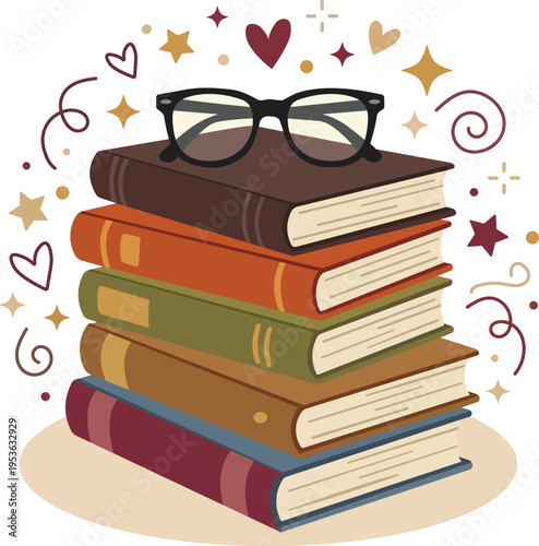 Stack of Books Illustration with Glasses, Cute Reading Concept, Book Lover Clipart, Education Poster Design