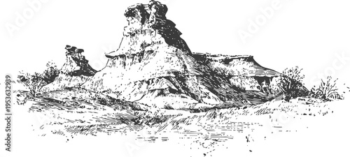 desert rock formations landscape arid nature with rugged cliffs and sparse vegetation drawing