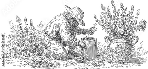 Vintage beekeeper tending bee colony with honeycomb and flowering plants illustration