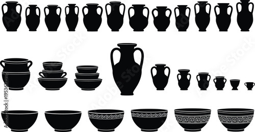 Ancient pottery silhouette set, Greek amphora and ceramic bowls collection, vintage kitchenware design, historical artifacts, black vector illustration isolated