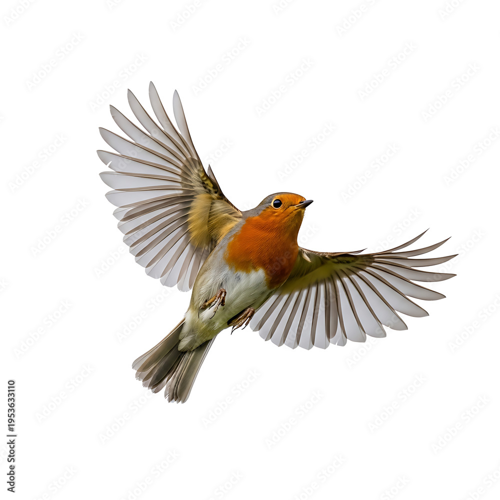 Fototapeta premium A vibrant european robin in mid-flight with wings fully extended showcasing its bright orange chest illustration