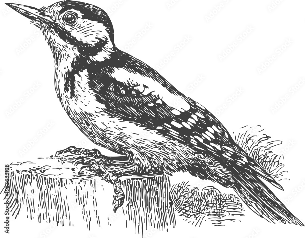 Fototapeta premium Woodpecker perched on tree stump detailed black and white vintage illustration