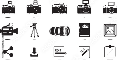 Set of 15 black and white photography and videography vector icons, including cameras, lenses, tripods, and editing tools, ideal for web design, apps, and digital media projects.