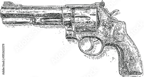 Detailed vintage revolver illustration with wooden grip and textured metal frame