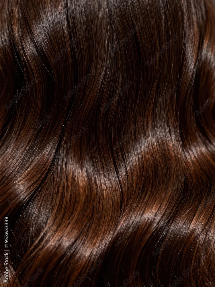 Fototapeta premium A close-up of dark brown wavy hair, clearly showing the smooth and shiny healthy texture of the hair strands, making it a material image suitable for hair, hair quality and hairdressing scenarios. 