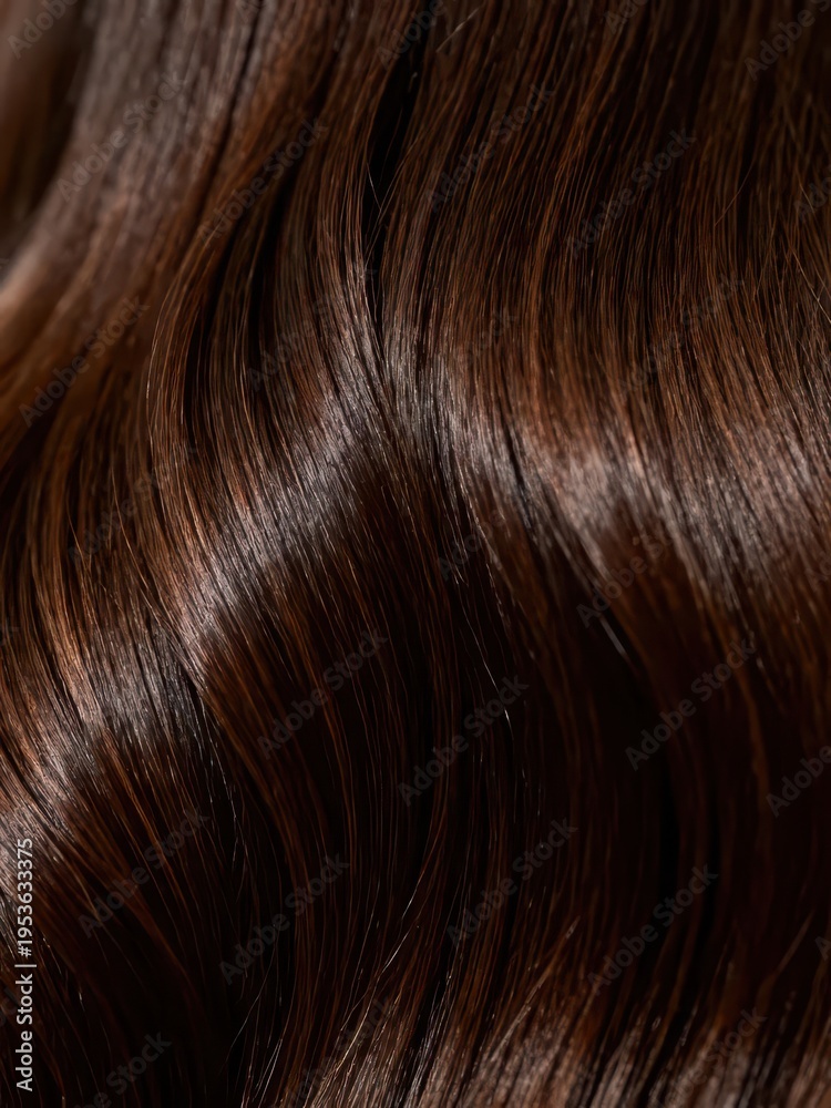 Fototapeta premium A close-up of dark brown wavy hair, clearly showing the smooth and shiny healthy texture of the hair strands, making it a material image suitable for hair, hair quality and hairdressing scenarios. 