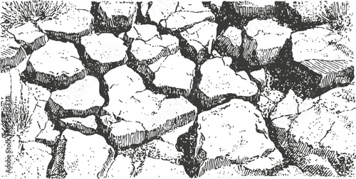 Hand drawn cracked dry earth illustration with irregular stones and sparse grass