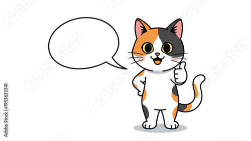 Cheerful calico cat giving a confident thumbs up gesture next to an empty speech bubble for positive quotes or animal-themed messages.
