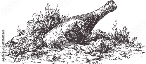 Vintage wine bottle lying on vineyard ground with grape bunches and foliage in rustic