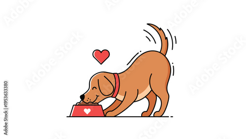 Cute brown dog happily eating from its red bowl featuring heart symbols representing love and care for a beloved pet.