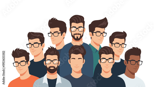 Group of diverse men wearing stylish glasses and casual clothing standing together in a flat vector illustration style.