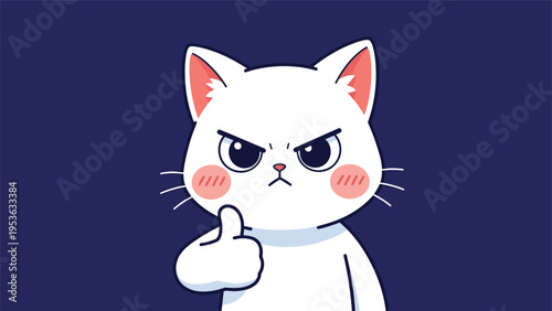 Grumpy white cat with pink cheeks gives a thumbs up gesture against a dark blue background in a cute cartoon style.