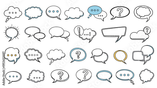 Large collection of hand-drawn speech bubbles and thought clouds in various shapes and styles for communication design.