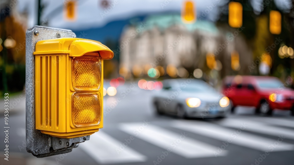 Naklejka premium Close-up of yellow crosswalk pedestrian signal button on pole at busy city intersection for urban traffic safety background and banner design