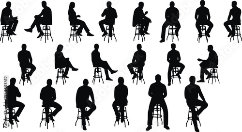 Seated silhouettes, sitting poses, human posture, stool sitting, ergonomic study, black silhouette, diverse positions, lifestyle art, design element, motion