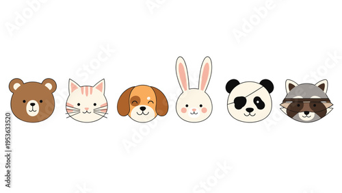Row of cute animal faces including a bear, cat, dog, rabbit, panda, and raccoon in a simple flat illustration style.