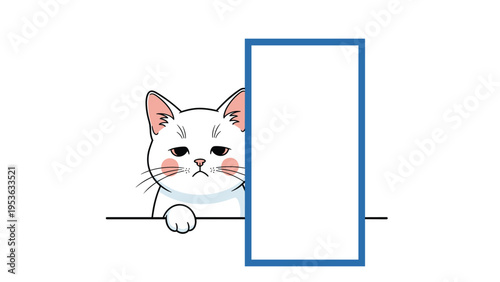Suspicious white cat peeking out from behind a large blank vertical sign against a plain white background.