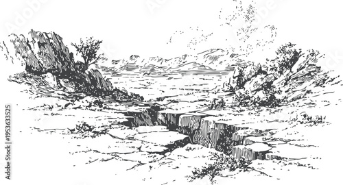 Rocky landscape with large crack in dry ground surrounded by sparse vegetation and hills