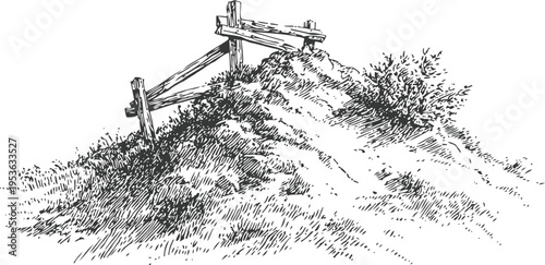 Old wooden fence on grassy hill hand drawn sketch rural countryside landscape with bushes and uneven terrain