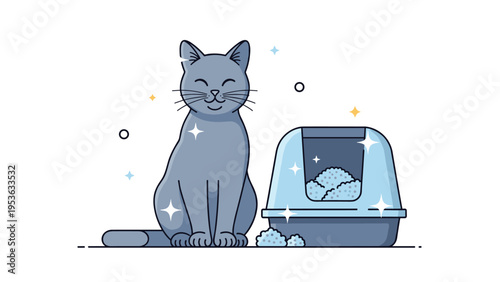 Happy grey cat sitting proudly next to its clean and sparkly cat litter box with fresh litter inside on a white background.
