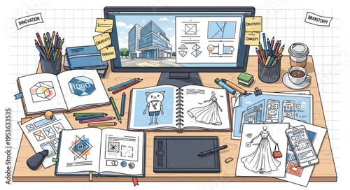 Fashion designers desk with sketches, digital tablet, and computer screen.