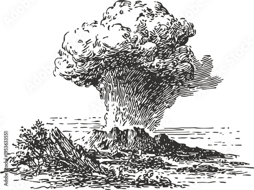 Volcanic eruption with ash plume and lava flow in a natural landscape illustration