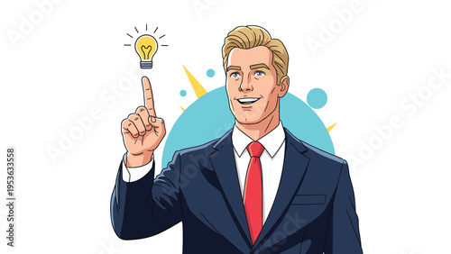Successful businessman in a dark blue suit points up at a glowing lightbulb symbol representing a bright new idea.